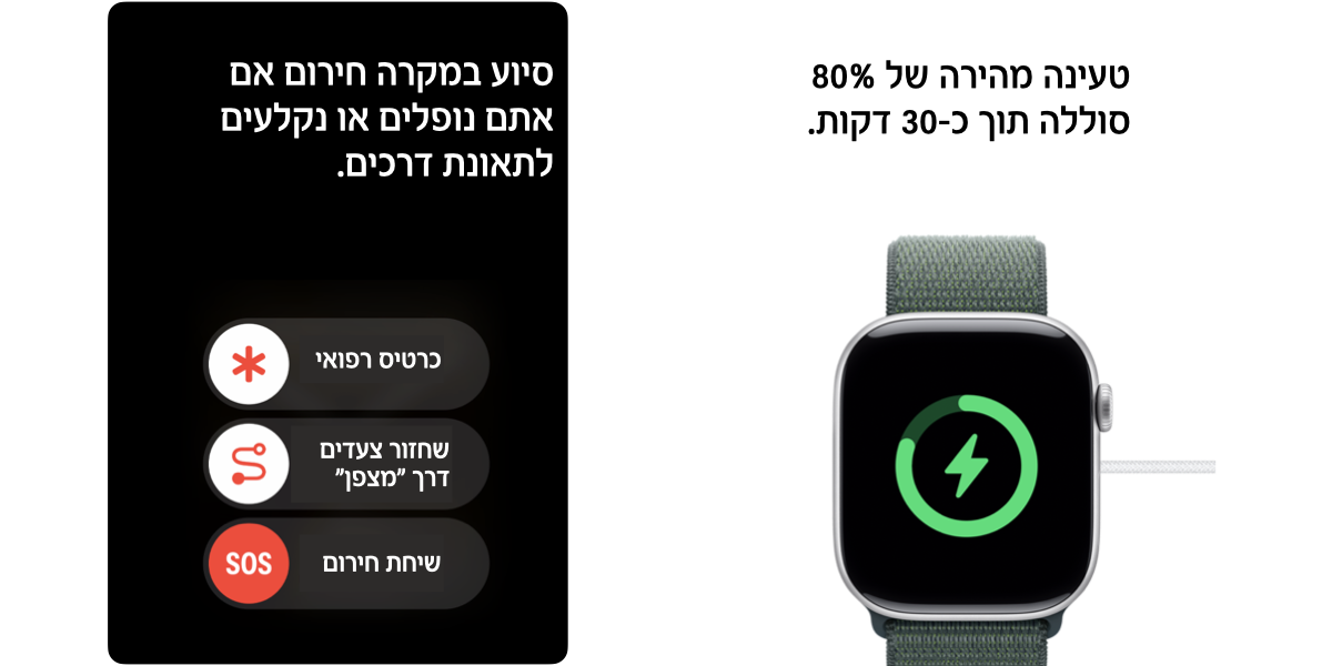 טעינה מהירה של 80% 
סוללה תוך כ-30 דקות. סיוע במקרה חירום אם 
אתם נופלים או נקלעים 
לתאונת דרכים. 