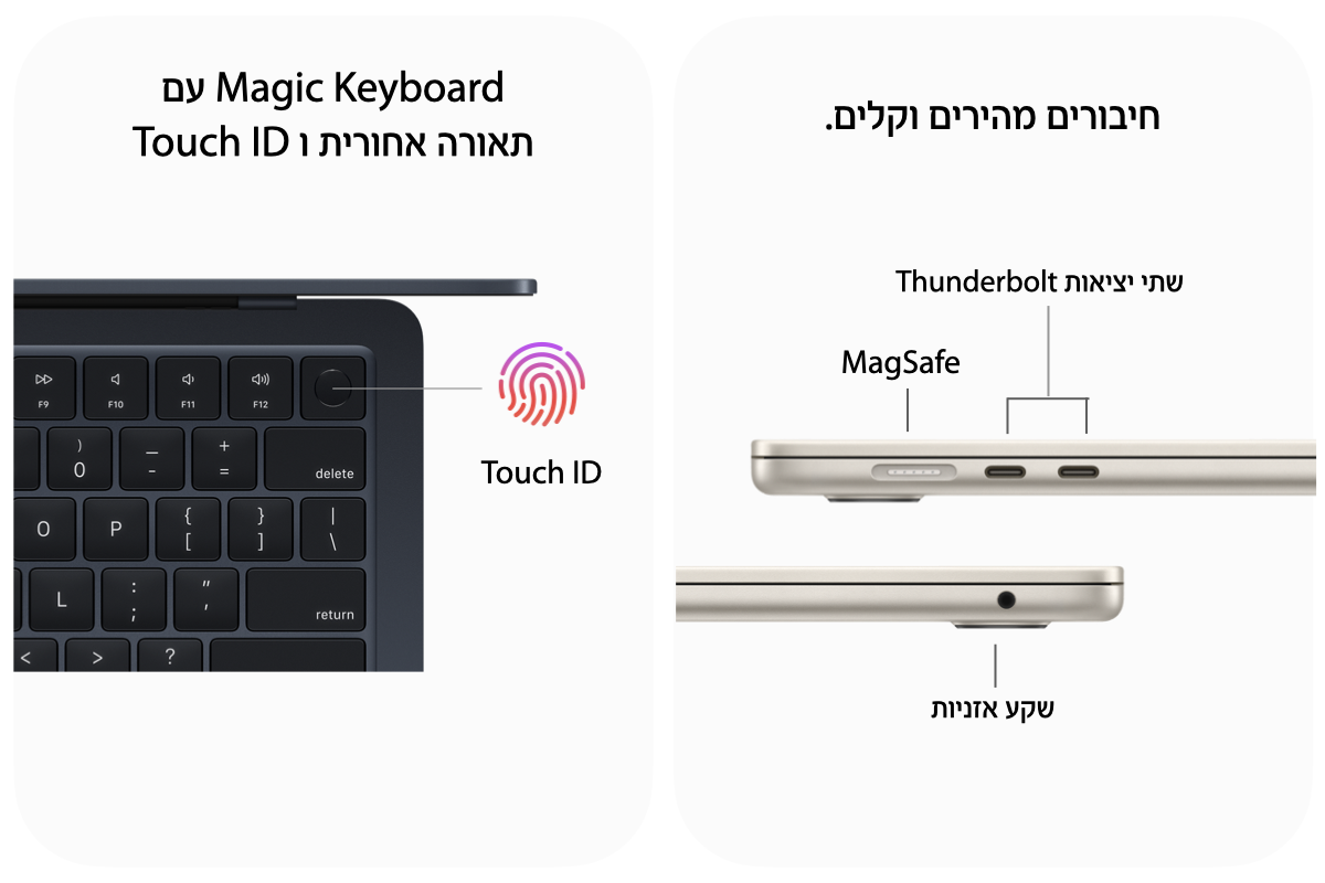 חיבורים מהירים וקלים. שתי יציאות Thunderbolt. MagSafe. שקע אוזניות. Magic Keyboard עם תאורה אחורית ו Touch ID