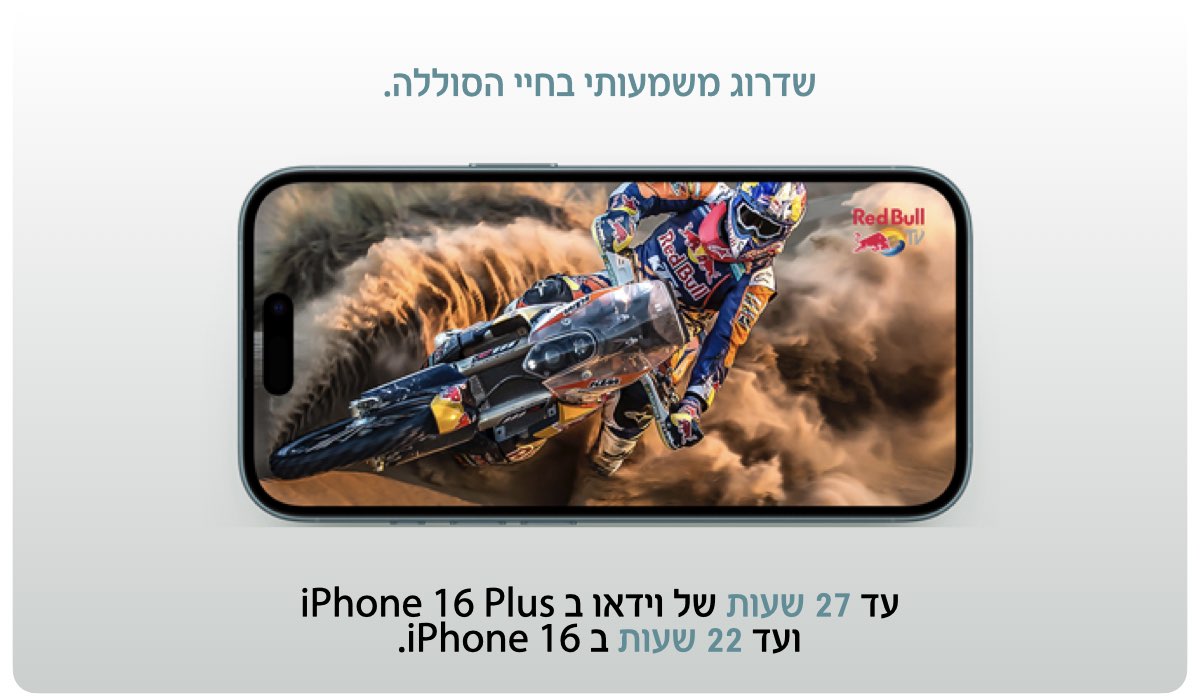 שדרוג משמעותי בחיי הסוללה. עד 27 שעות של וידאו ב iPhone 16 Plus. ועד 22 שעות ב iPhone 16.